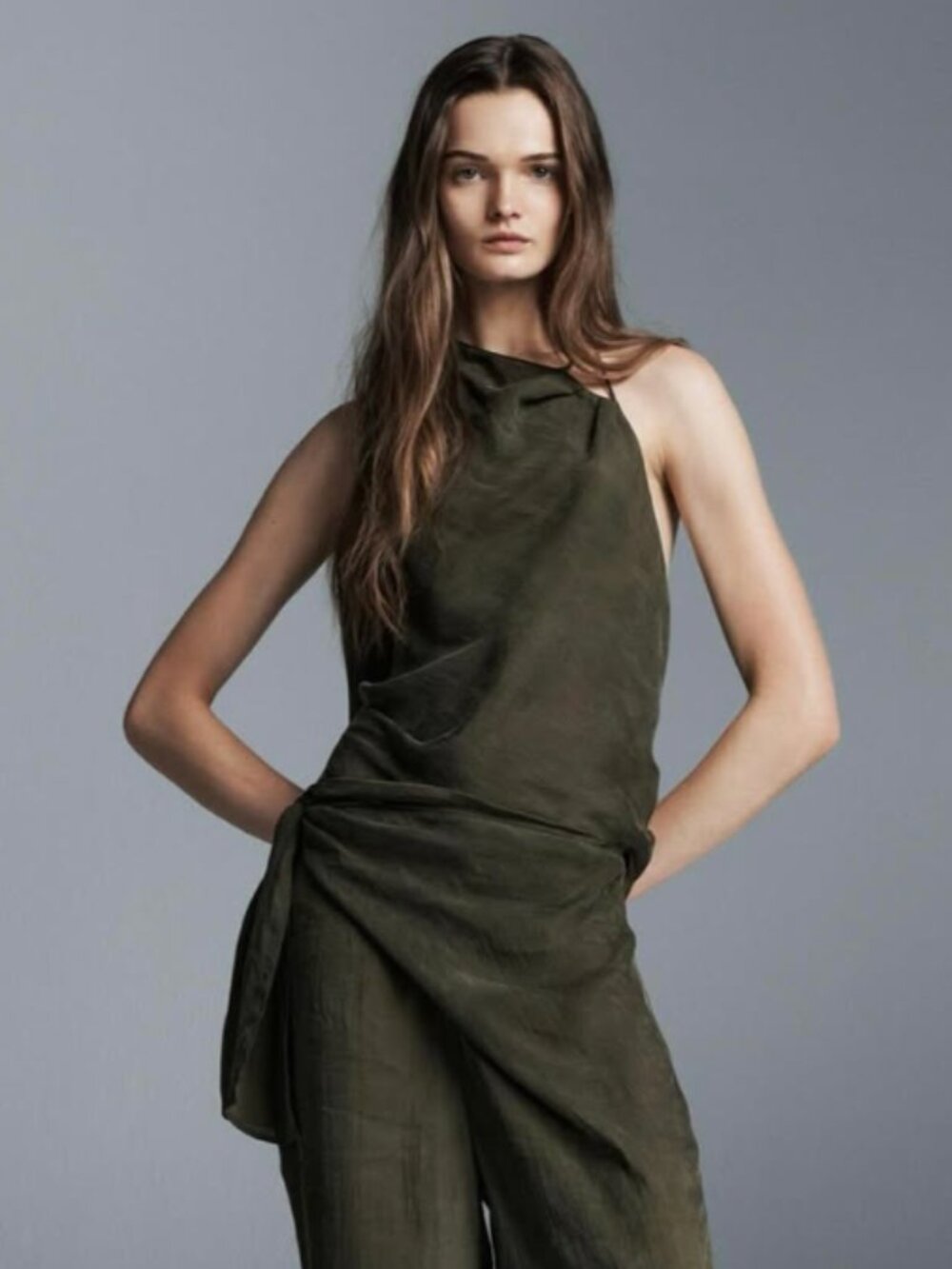 ZARA ZW Collection Olive Green Drapey High Halter Strappy Goddess Blouse Top XL